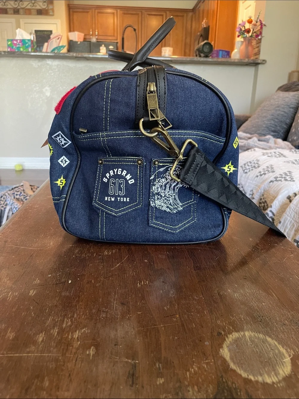 Sprayground Navy Blue Red Koi Embroidered Weekender Bag